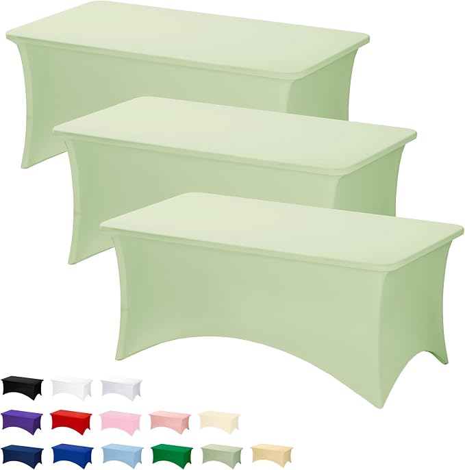Fixwal 3 Pack Sage Green Tablecloth Rectangle 6Ft, Stretch Spandex Fitted Table Cover for Party, Trade Show, Wedding, Buffet, Graduation, Vendor Stand