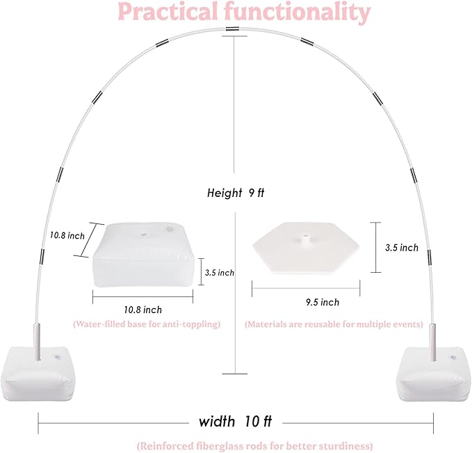 Balloon Arch Kit, 10FT Wide 9FT High Adjustable Balloon Arch Stand with Water Fillable Bases & Balloon Clips, Sturdy Arch Backdrop Stand for Birthday Wedding Baby Shower Graduation Party Decorations