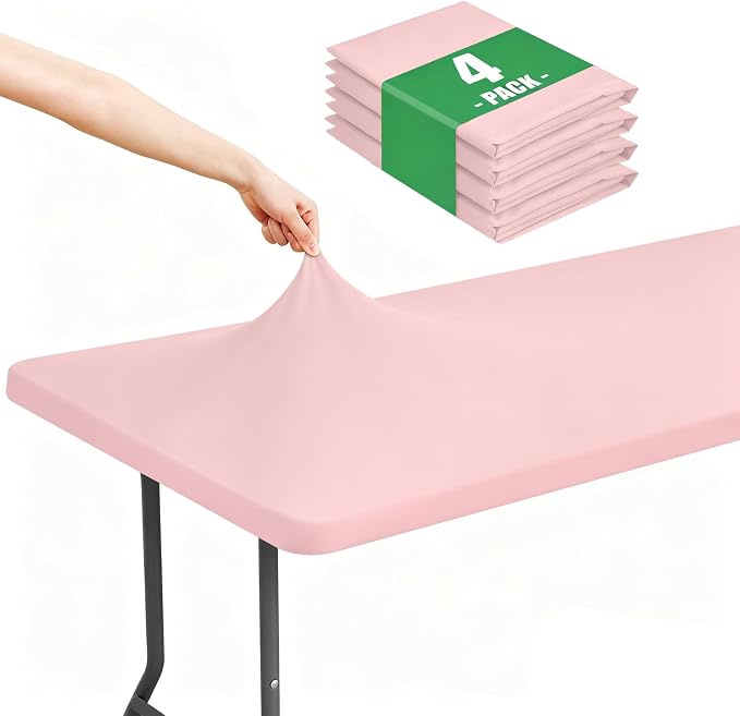 Moosfor Spandex 4 Foot Rectangle Table Cloth 4 Pack, Elastic Fitted Tablecloths for Picnic, Stretch Washable Patio Table Cover for Outdoor, Camping, Banquet and Parties (Pink, 30"x48")