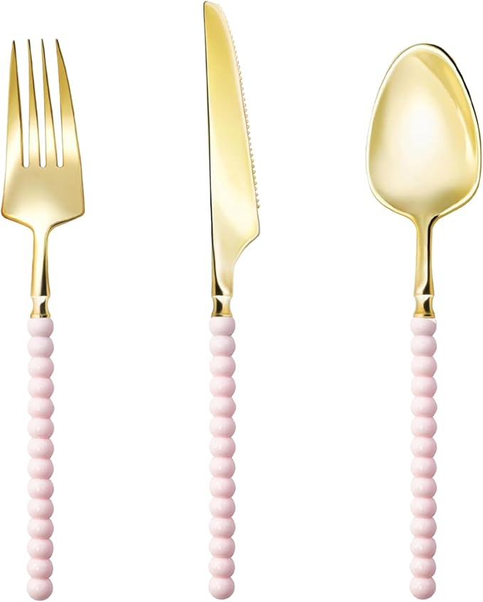 150 Pcs Gold Plastic Silverware,Gold Plastic Utensils with Pink Beads Handle,Fancy Disposable Cutlery Set Include 50 Forks 50 Knives 50 Spoons for Party & Wedding