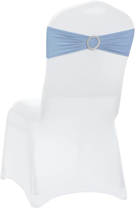 VDS - Baby Blue | Spandex Chair Sashes Bows | 100 PCS | Stretch Elastic Banquet Universal Folding Chair Band Tie with Silver Buckle Slider for Wedding Party Conference Celebration Event Decoration