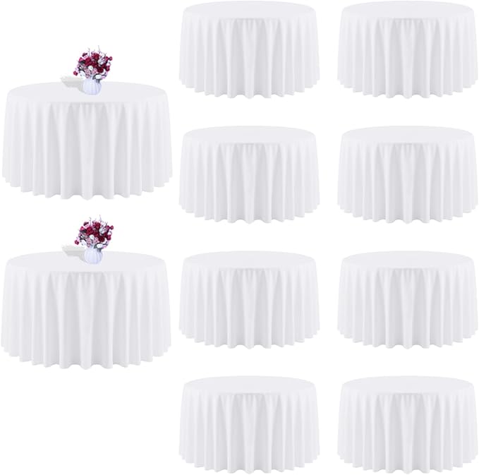 10 Packs 120 Inch White Round Tablecloth in Diameter, Washable Polyester Fabric Tablecloths, Wrinkle Resistant Table Cloth for Wedding Party Banquet Dining