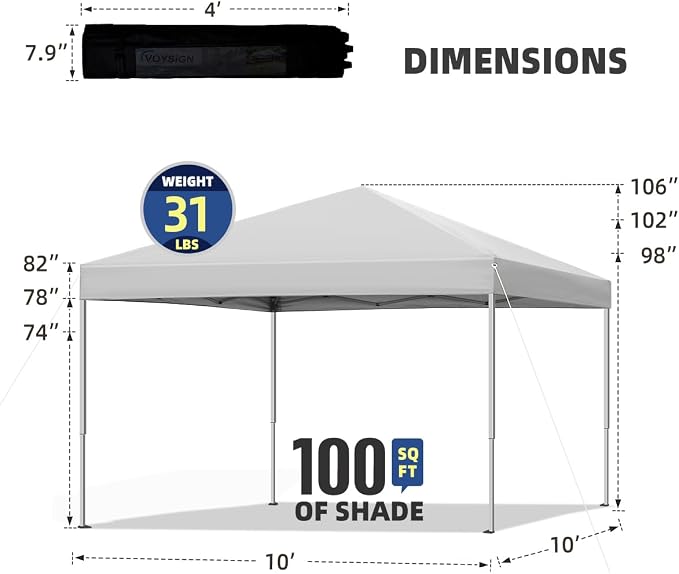10x10 ft Pop Up Canopy Tent, Easy Up Instant Outdoor Canopy, Straight Legs, Wheeled Carry Bag - White
