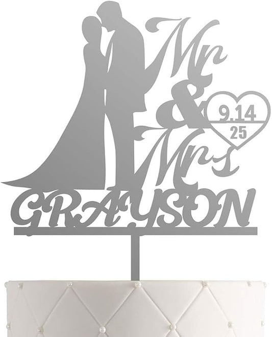 Personalized Mr. & Mrs. Wedding Cake Topper – Custom Bride & Groom Cake Decoration – Elegant Wedding Décor, Anniversary, Engagement Party (Design 7 (IND101), Silver Mirror)