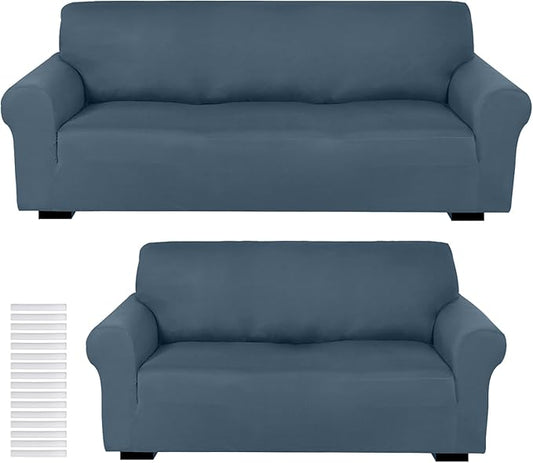 Peryiter 2 Pcs Sofa Covers Couch and Loveseat Covers Set Stretch Sofa Slipcover for Living Room Armchair Furniture Protector, Wrinkle Proof(Bluestone,Milk Silk)