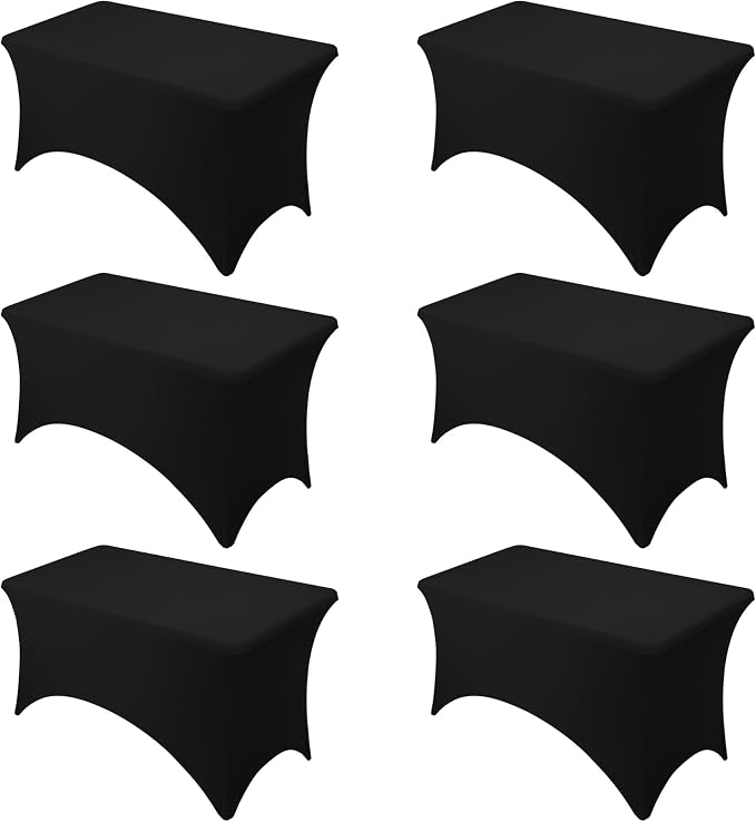 6-Pack Premium Black Spandex Tablecloths for 4ft Rectangle Tables, Stain & Wrinkle-Resistant, Washable Stretch Polyester Fitted Table Cover for Weddings, Banquets, Trade Shows Events