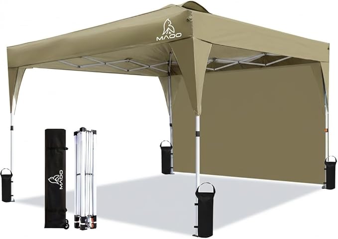 MAOO 10x10 Pop Up Canopy Tent with Sidewall, Easy Setup Instant Outdoor Canopy, 210D Silver Coated Waterproof UPF 50+ Sun Shade Shelter, Heavy Duty Steel Frame, Roller Bag, Khaki