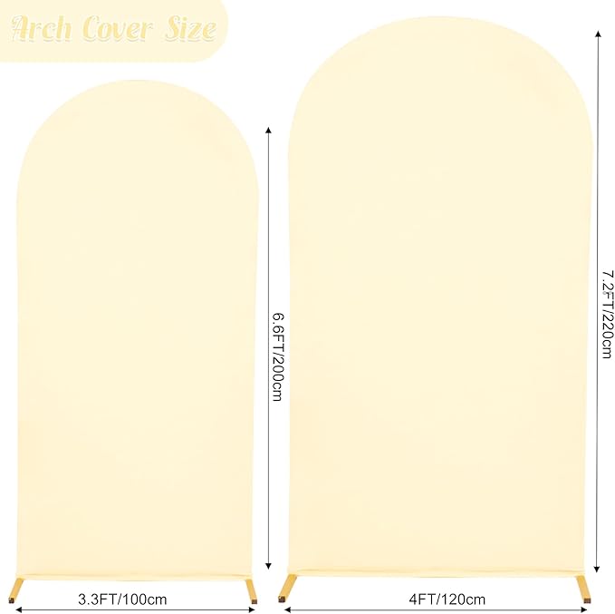 Set of 2 Wedding Arch Cover 2-Sided Round Top Spandex Fitted Arch Backdrop Cover for Birthday Party Baby Shower Wedding Arch Stand Decor（7.2FT, 6.6FT, Beige）