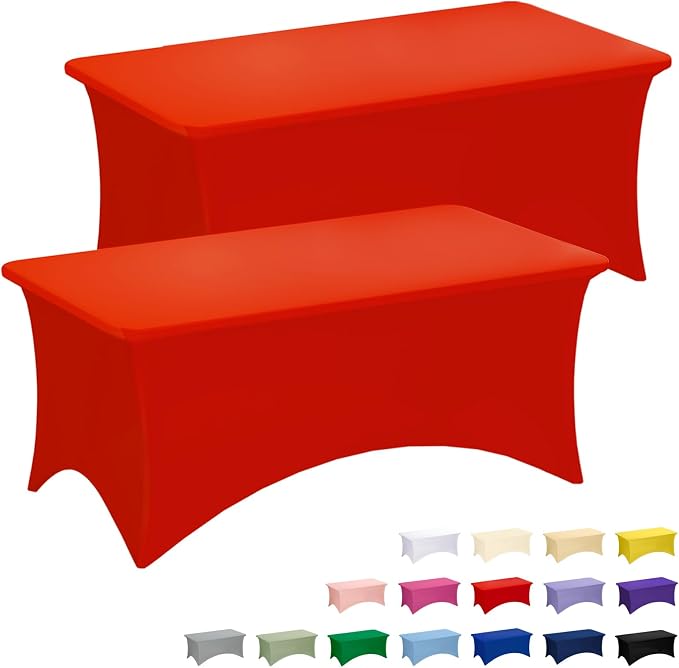Fixwal Red Stretch Table Cloth Rectangle 2 Pack 6Ft, Spandex Fitted Table Covers Washable for Party, Trade Show, Banquet, Wedding, Buffet
