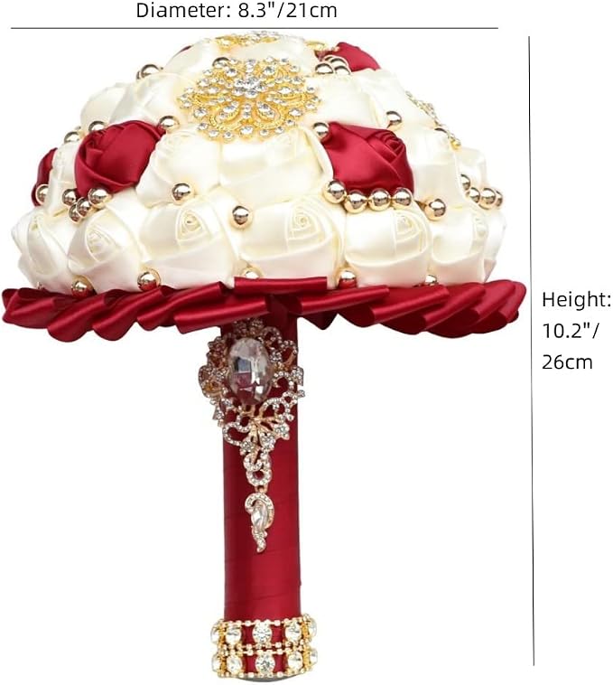 Bridal Wedding Bouquet Luxury Gold Rhinestone Brooch Bouquet for Bride Bridesmaid Quinceanera Artificial Satin Rose Flower Bouquet Wedding Burgundy and Ivory 8.3in