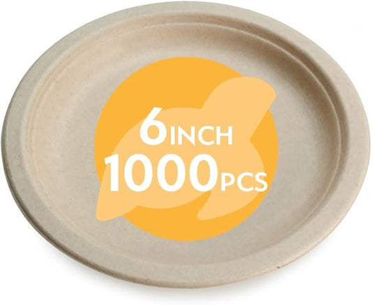 100% Compostable Disposable Paper Plates Bulk [6" 1000 Pack], Bamboo Plates, Eco Friendly, Biodegradable, Sturdy Small Dessert Party Plates, Heavy-Duty, Unbleached by Earth's Natural Alternative