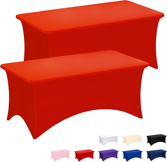 Fixwal Red Tablecloths for 8 Foot Rectangle Tables, 2 Pack Spandex Stretch Fitted Table Covers for Party, Trade Show, Banquet, Wedding, Buffet