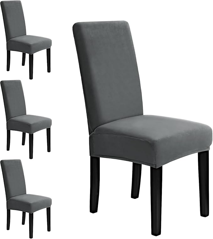 MOSAYT Velvet Stretch Chair Covers for Dining Room Set of 4 - Soft Slipcovers with Thick Removable Fabric for Parsons Chairs, Washable Seat Protectors for Kitchen, Banquet & Home Decor, Grey