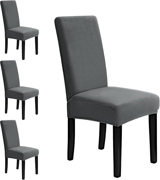 MOSAYT Velvet Stretch Chair Covers for Dining Room Set of 4 - Soft Slipcovers with Thick Removable Fabric for Parsons Chairs, Washable Seat Protectors for Kitchen, Banquet & Home Decor, Grey