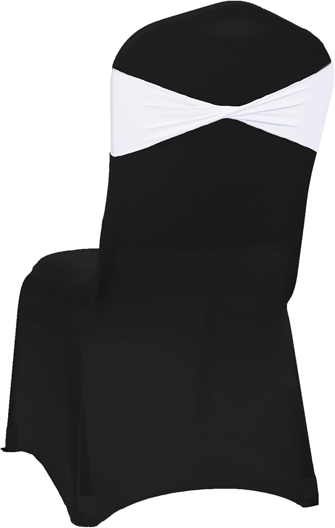 MDS Pack of 50 Spandex Chair Sashes Bows Elastic Stretch Dining Chair Bands Ties Without Slider Buckle Universal fits for Wedding Baby Shower Birthday Party Banquet Event Decoration - White