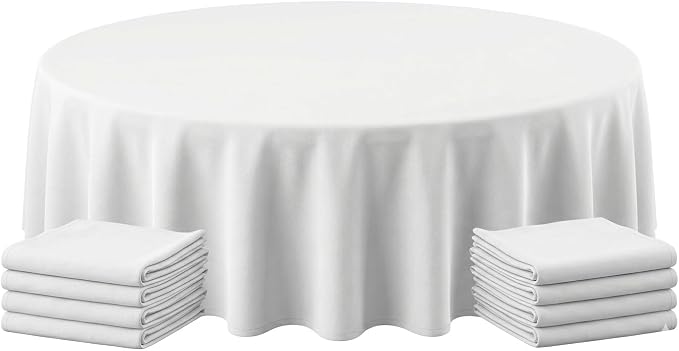 90 Inch Round White Tablecloth 8 Pack, Premium Soft Touch & Elegant Drape, Wrinkle Free Lightweight Circular Table Cover, Washable & Micro-Waterproof for 5 Foot Tables, Wedding, Banquet