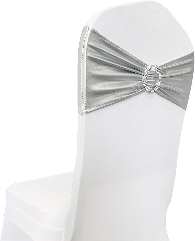 Spandex Chair Sashes Bands 30PCS Stretch Chair Ties Bows with Buckle Slider for Wedding Party Banquet Decoration (Metallic Silver)…