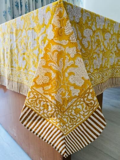 Ridhi Saffron Yellow Hand Block Print Cotton Rectangle Tablecloth 102" x 48" inches Reusable Table Cover Decorative Everyday Use for Dining Room, Farmhouse, Home Gift for Spring, Mother's Day