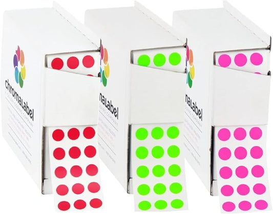 ChromaLabel 1/4 Inch Circle Sticker Labels, Dot Stickers with Handy Dispenser, Adhesive Dots for Color Coding, 1000 Sticky Dots per Dispenser Box, Fluorescent Green, Red, and Fluorescent Pink Labels