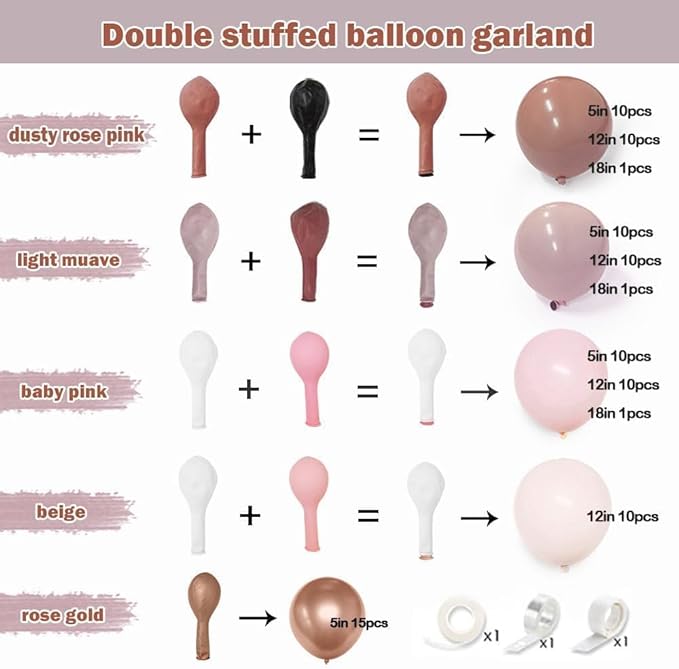 Dusty Rose Pink Balloon Arch Kit Double Stuffed Mauve Light Pink Matte Blush Nude Boho Balloon Garland for Baby Shower Birthday Bridal Wedding Mothers Day Party Decoration