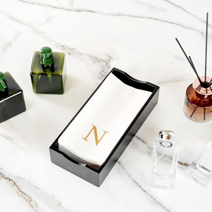 Luxenap 15.8 X 7.9 Inch Linen-Feel Guest Towels, 50 Lettered Hand Towels - Gold Letter 'N', Sans Serif Font, White Paper Dinner Napkins, airlaid, For Restrooms And Tables