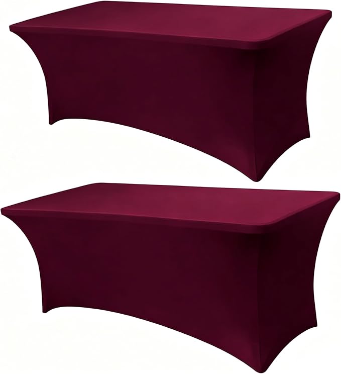 6FT Burgundy Table Cloth - 2 Pack Fitted Stretch Rectangle Spandex Tablecloth, Washable Table Cover for Party, Picnic, Wedding, Banquet, Birthday and Festival(30" x 72")