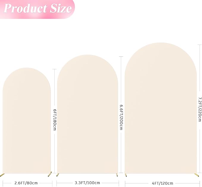 Wokceer Wedding Arch Backdrop Cover (7.2FT, 6.6FT, 6FT) Set of 3 Spandex Fitted Beige Arch Covers Round Top Chiara Arches Covers Stretchy Backdrop for Birthday Party Ceremony Banquet Decor