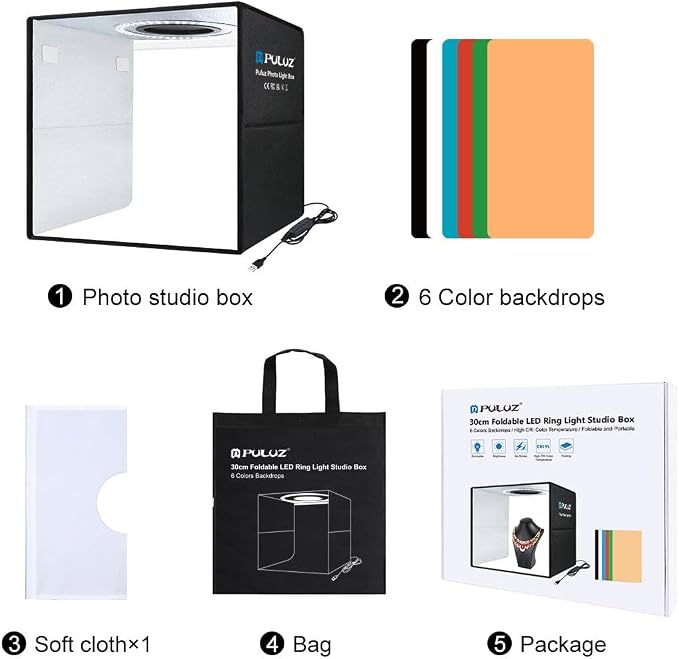PULUZ 12x12 inch Professional Light Box Photography, Portable Folding Dimmable Shooting Tent Kit with CRI >95 White Lighting 120 LEDs Beads with 6 Colors Photo Backdrops for Products Display