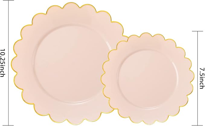 LIYH 60 Pcs Pink Plastic Plates with Gold Pink Plates Disposable Plate Set Includes 30 Dinner 10.25" and 30 Dessert Plate 7.5" for Baby Shower,Weddings,Parties,Birthday