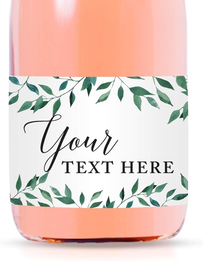 Andaz Press Personalized Wedding Mini Wine Labels for Bottles, Fully, Your Text Here, Greenery Green Leaves 20-Pack Bulk Waterproof Mini Wine Bottle Labels for Champagne Bottle Custom Wedding Favors