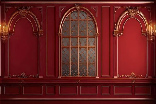 Baocicco 10x7ft Red Royal Wall Photography Backdrop Vintage European Style Arch Window Palace Interior Photography Background Ceremony Wedding Birthday Party Graduation for Kid Adult Video Studio