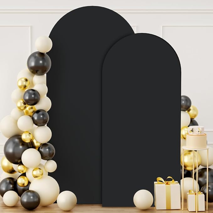 FUHSY Black Arch Cover Set of 2 Fitted Arch Covers Spandex Backdrop Covers Round Top Chiara Backdrop Stand Covers Double Sided Wedding Arch Stand Covers for Halloween Birthday Party Decor 6FT, 7.2FT