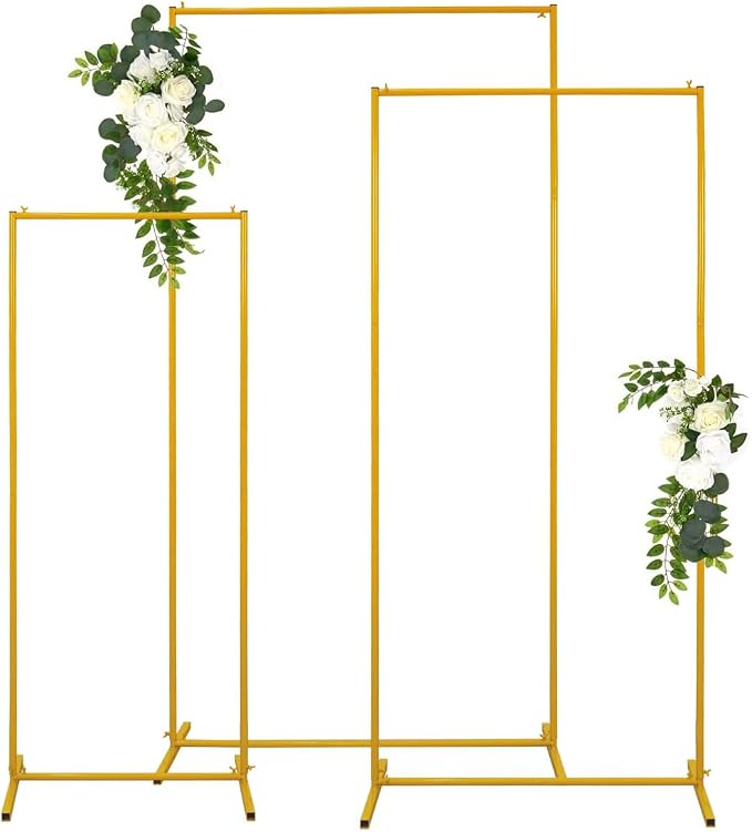 Vincidern Metal Square Wedding Arch Backdrop Stand Set of 3, Party Arch Stand, Balloon Arch Backdrop for Wedding, Baby Shower, Birthday Party, Graduation Decor, Gold (6.6FT, 5.9FT, 4.9FT)