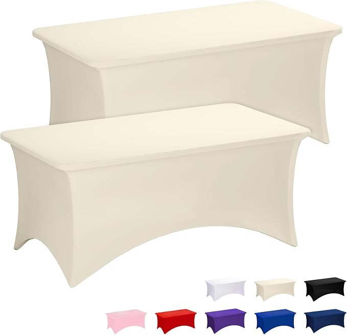 Fixwal Ivory Tablecloths for 8 Foot Rectangle Tables, 2 Pack Spandex Stretch Fitted Table Covers for Party, Trade Show, Banquet, Wedding, Buffet