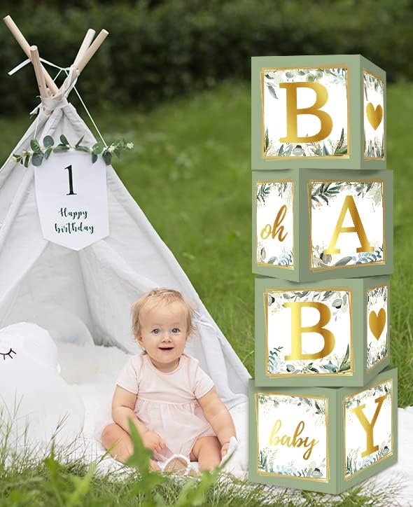 RUBFAC Baby Shower Boxes with Letters, 4pcs Sage Green Baby Shower Decorations for Boy Girl Balloon Boxes Gender Reveal Birthday Party Favors