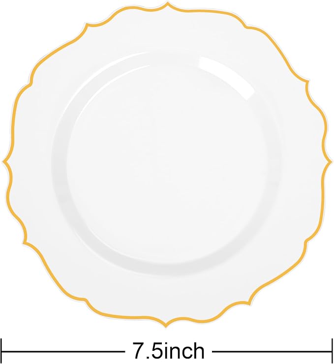 100 PCS Gold Dessert Plastic - 7.5 inch White & Gold Plastic for Party Cake Plates Elegant Heavy Duty Disposable Plates for Wedding & Party