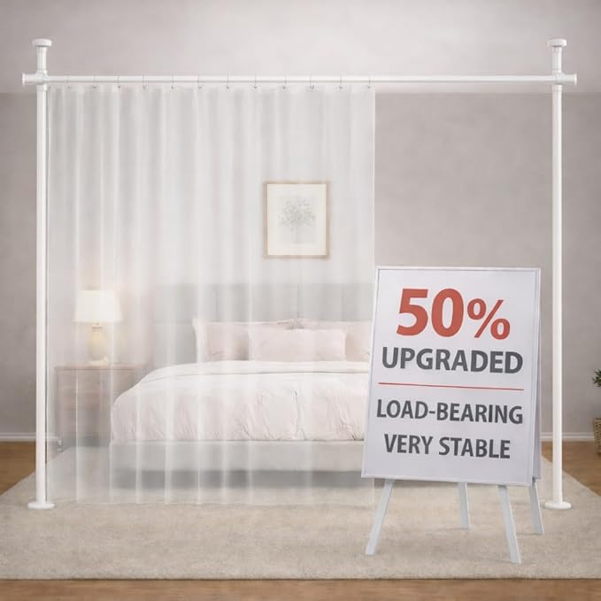 Jilron Tension Curtain Rods No Drill Adjustable Room Divider, Tension Rod for Room Separator and Partition Room Dividers, Easy Installation for Bedroom & Apartment(White - W35-100 × H43-120 in)
