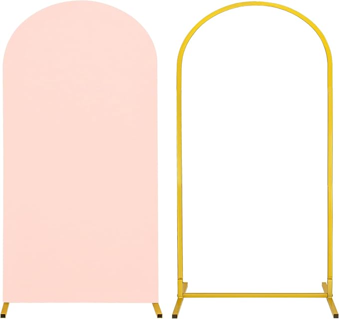 Metal Arch Stand and Cover Set,1 Light Pink Spandex Fitted Backdrop with 1 Gold Wedding Arched Stand Frame for Parties Birthday Baby Shower Bridal Banquet Decoration (6.6FT)