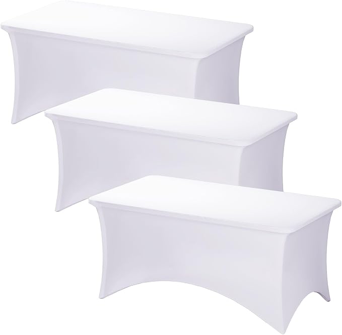 Fixwal 3 Pack White Tablecloth Rectangle 4Ft, Stretch Spandex Fitted Table Cover for Party, Trade Show, Wedding, Buffet, Graduation, Vendor Stand
