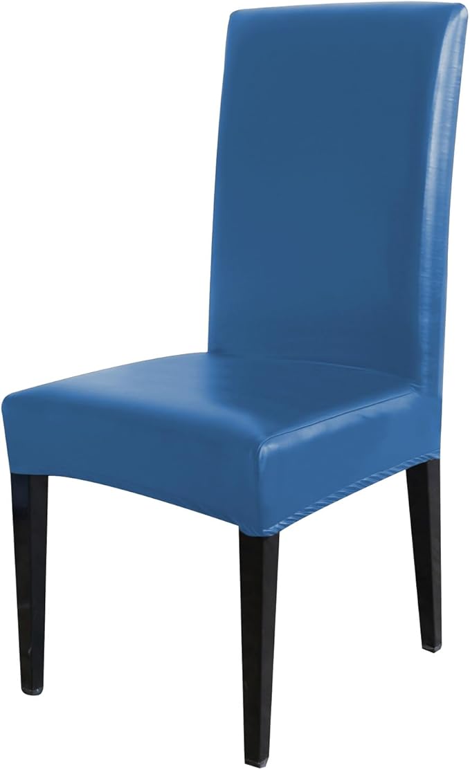 Qubjus Dining Chair Covers, Solid Pu Leather Waterproof Oilproof Stretch Dining Chair Protector Cover Slipcover (Blue, 4 Pack)