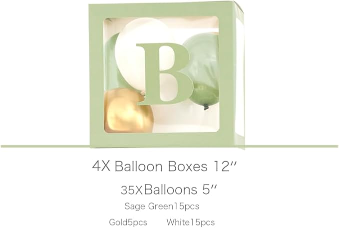 luckylibra Sage Green Baby Shower Decorations, B - A - B - Y Transparent Balloon Boxes & 35Pcs Balloons