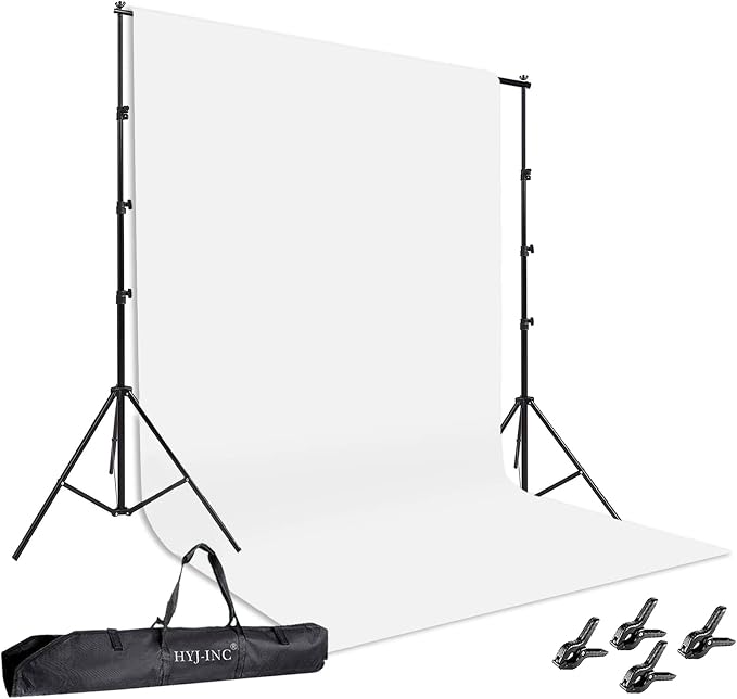 HYJ-INC Photo Background Support System with 8.5 x 10ft Backdrop Stand Kit, 100% White Cotton Muslin Backdrop,Clamp, Carry Bag for Photography Video Studio