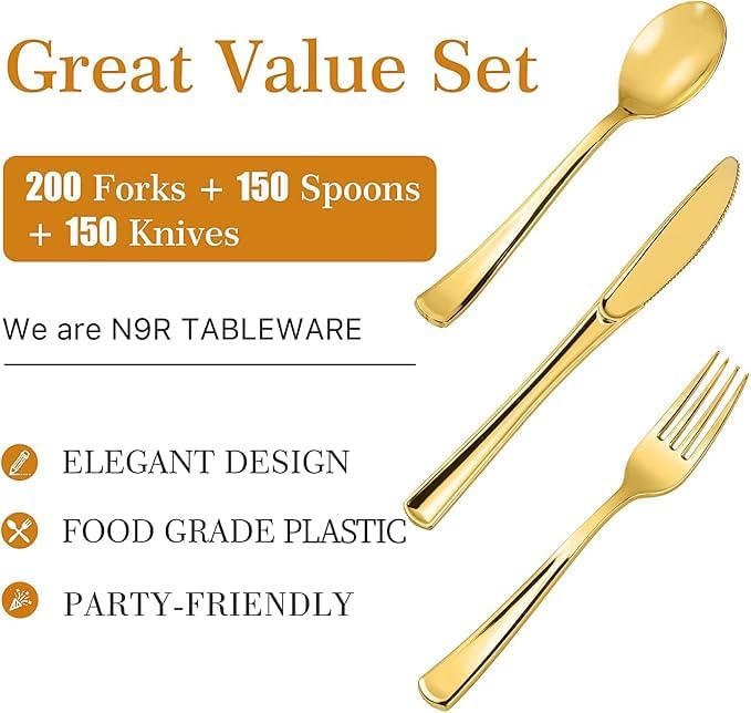 N9R 500PCS Gold Plastic Silverware - Gold Plastic Cutlery Set Disposable Flatware Dinnerware -200 Forks, 150 Spoons, 150 Knives for Party, Birthday, Wedding Utensils