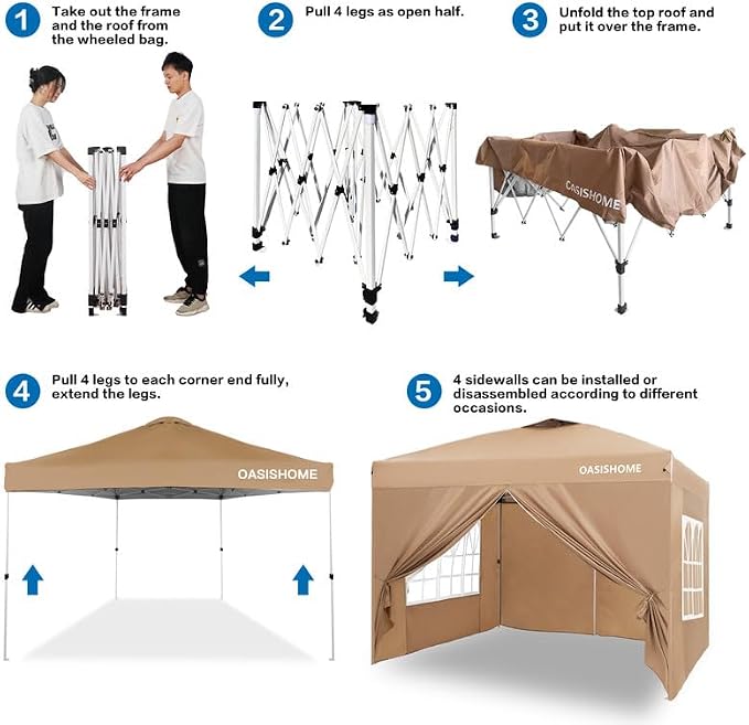 OASISHOME Pop-up Gazebo Instant Portable Canopy Tent 10'x10', with 4 Sidewalls, Windows, Wheeled Bag, for Patio/Outdoor/Wedding Parties and Events (10FTx10FT, Khaki)