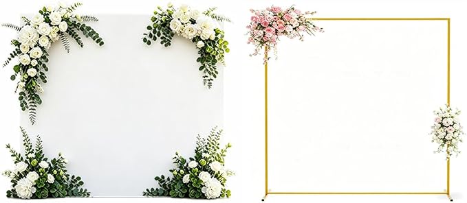 Square Metal Arch Backdrop Stand and Cover Set 6.6x6.6FT Gold Arch Frame with White Cover for Birthday Party Wedding Ceremony Baby Shower Graduation Event Decoration