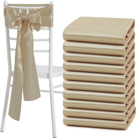 10 Pcs Taupe Satin Chair Sashes Bows Universal Chair Cover for Wedding Reception Events Banquets Party, Hotel Event Decorations, 6 x 108 inch