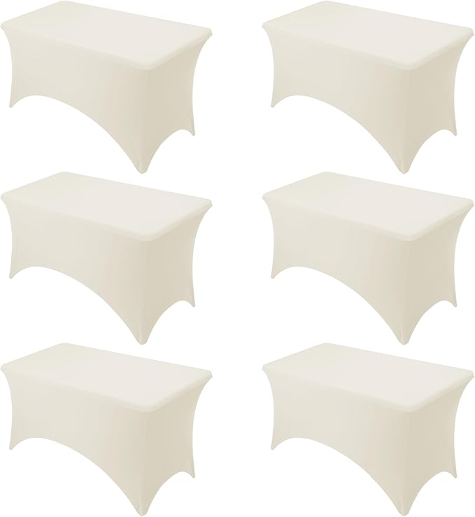 6-Pack Premium Cream Spandex Tablecloths for 4ft Rectangle Tables, Stain & Wrinkle-Resistant, Washable Stretch Polyester Fitted Table Cover for Weddings, Banquets, Trade Shows Events