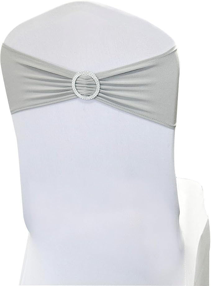 Spandex Chair Sashes Bands 50PCS Stretch Chair Ties Bows with Buckle Slider for Wedding Party Banquet Decoration (Silver)