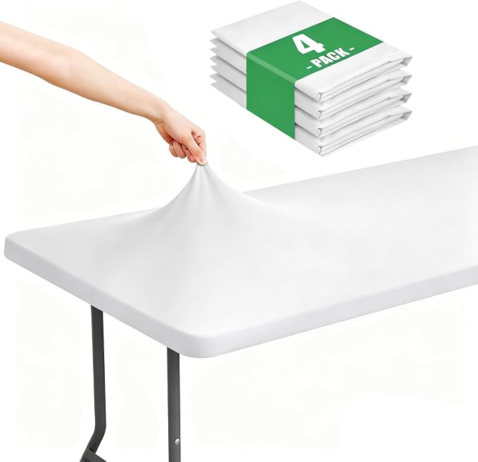 Moosfor Spandex 8 Foot Rectangle Table Cloth 4 Pack, Elastic Fitted Tablecloths for Picnic, Stretch Washable Patio Table Cover for Outdoor, Camping, Banquet and Parties (White, 30"x96")