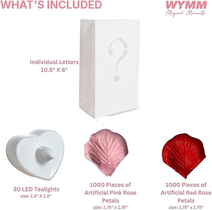 WYMM “Happy Valentine's Day” Light up Letters with Tea Lights Candles and Rose Petals Included - Luminary Paper Bags to be Used as Valentines Day Decorations for Your Loved One
